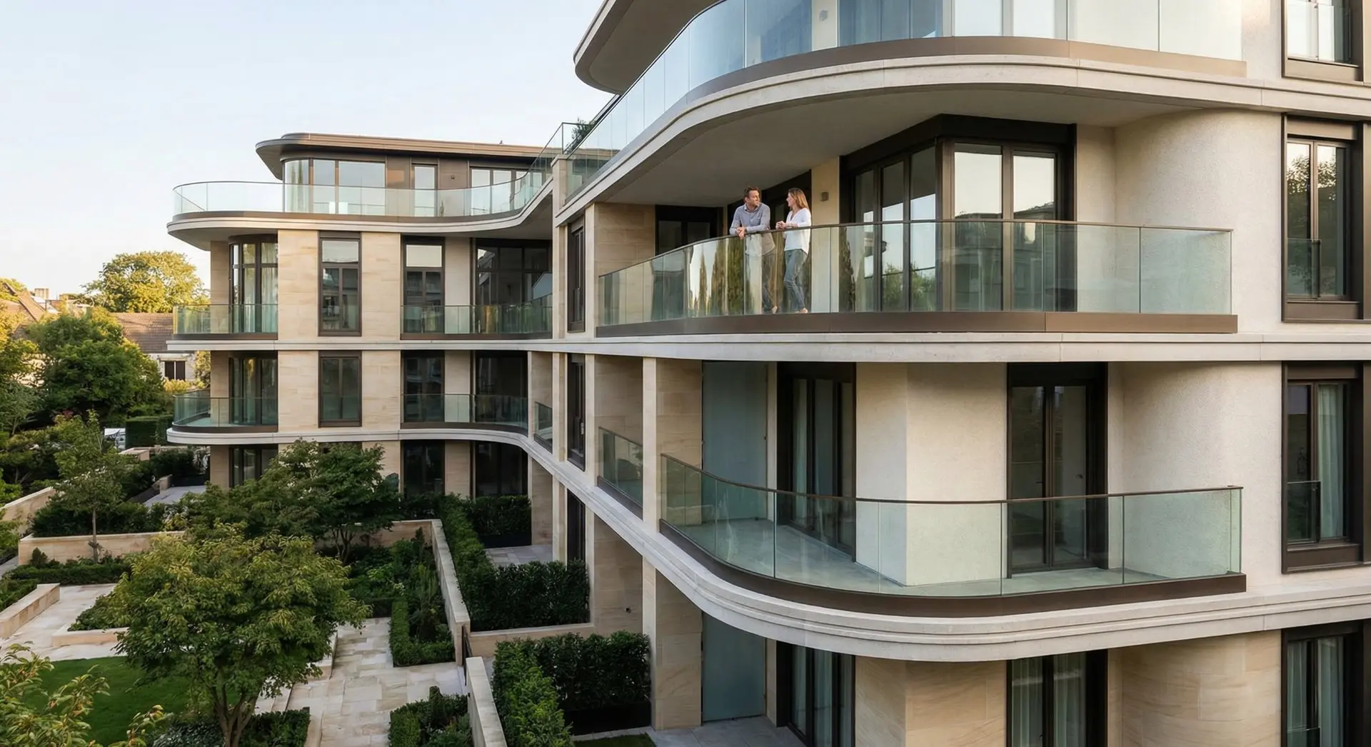 FS 1500 Bodenprofil-Glasgeländersystem an europäischer Wohnfassade mit Straßenansicht