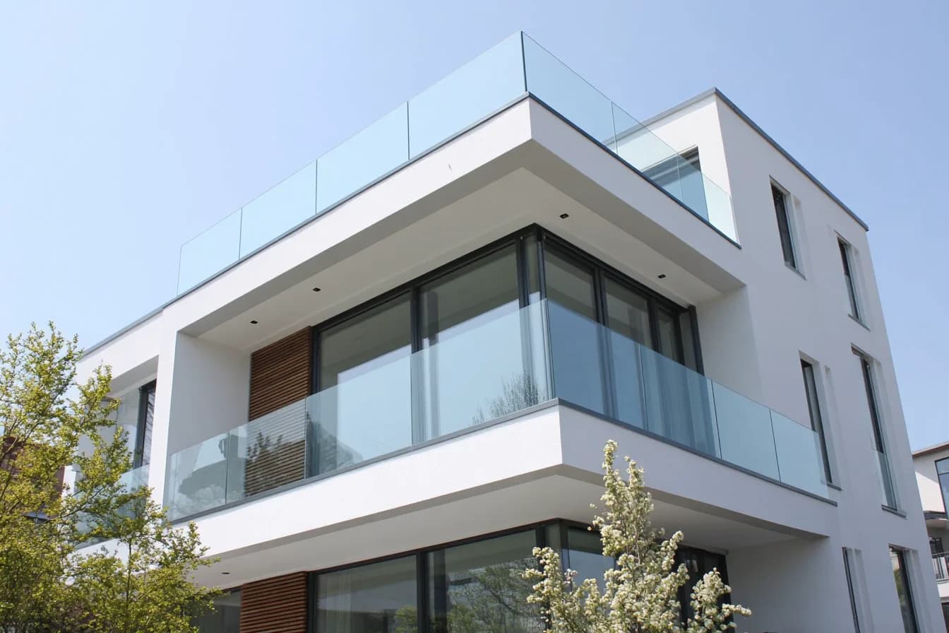 FS 1500 rahmenloses Glasgeländer an Mehrfamilienhaus-Fassade mit Balkonen