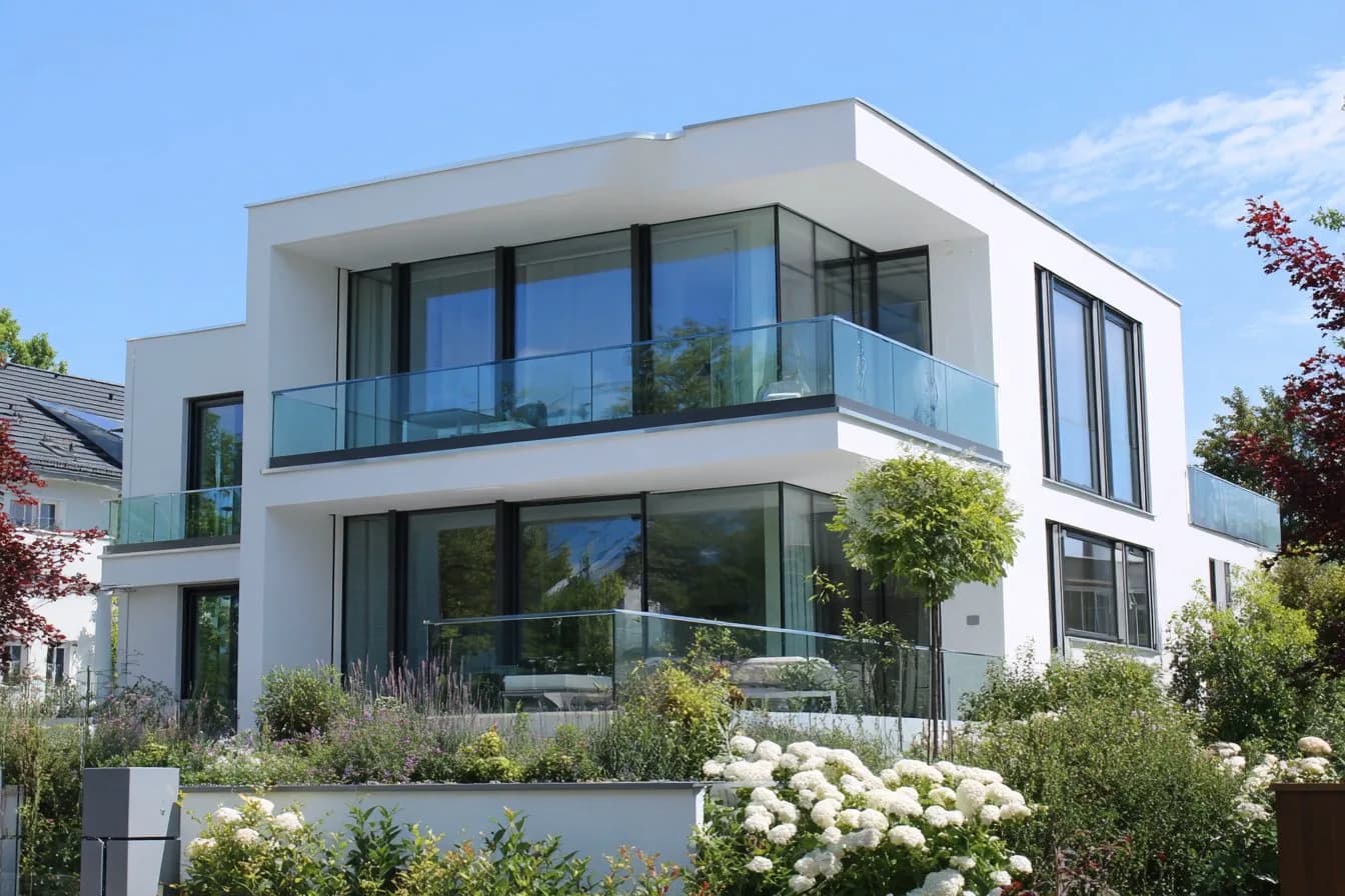 FS 1500 rahmenlose Glasbalustrade an Villa mit Garten und Blumen