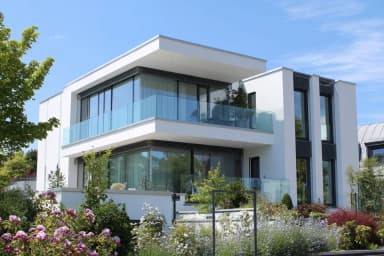 FS 1500 rahmenloses Glasgeländer an Wohnvilla mit Hortensiengarten