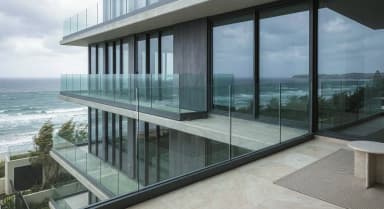 FS 3000 Glasgeländersystem an geschwungenem modernem Wohngebäude bei Sonnenuntergang