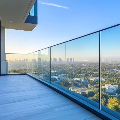 FS 3000 rahmenloses Glasgeländer an geschwungenem Luxusbalkon mit Gartenblick bei Sonnenuntergang