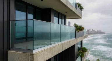 FS 7000 balustradă din sticlă fără cadru pe balcon înalt cu vedere ocean — sticlă laminată
