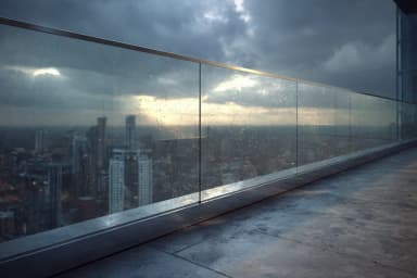 FS 7000 barieră sticlă fără cadru pe zgârie-nori în ploaie — lumini oraș prin sticlă securizată