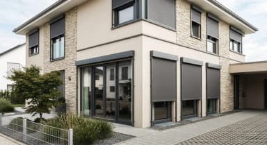 Luxa 100 zip-geführter Außenscreen an einer Wohnhaus-Steinfassade mit großen Fenstern