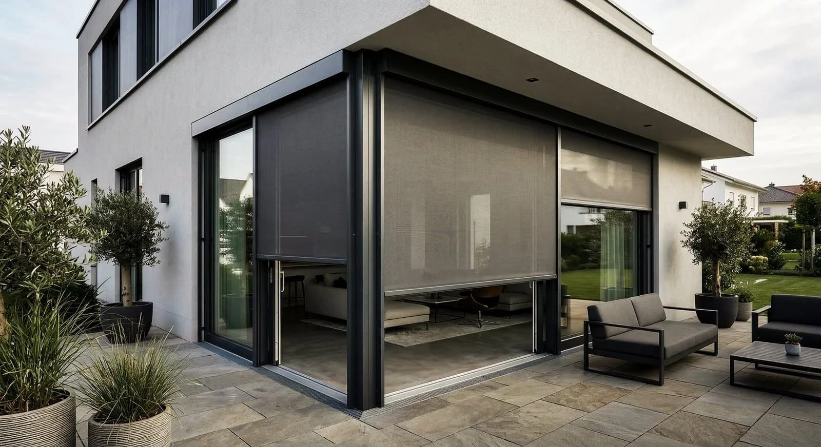 Luxa 100 Zip-Screen-Beschattung teilweise heruntergelassen auf einer modernen Terrasse mit Lounge-Möbeln