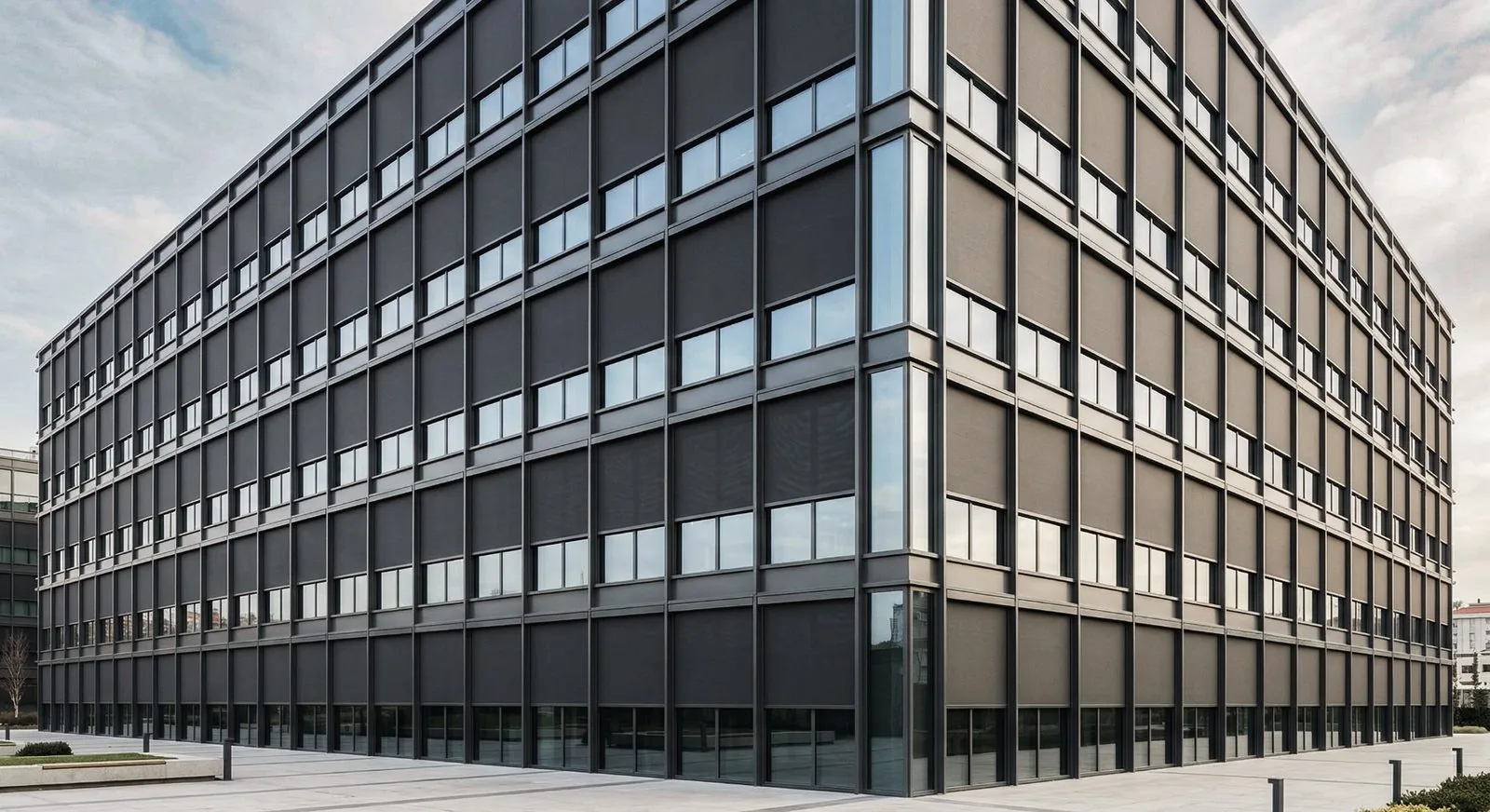 Luxa 100 Zip-Screen-System an einer gewerblichen Bürogebäude-Fassade mit raumhoher Verglasung