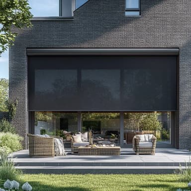 Luxa 100 motorisiertes Zip-Screen-System an einer modernen Gebäudefassade montiert