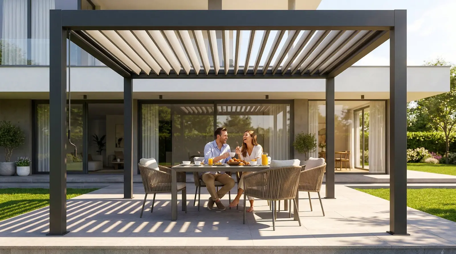 Luxa 500M Handkurbel-Pergola über einem Sitzbereich mit Gartenblick
