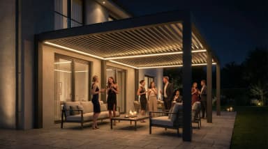 Luxa 800 aufschiebbares Lamellendach bei Nacht — elegante Cocktailparty mit integrierter LED-Beleuchtung entlang der Lamellen