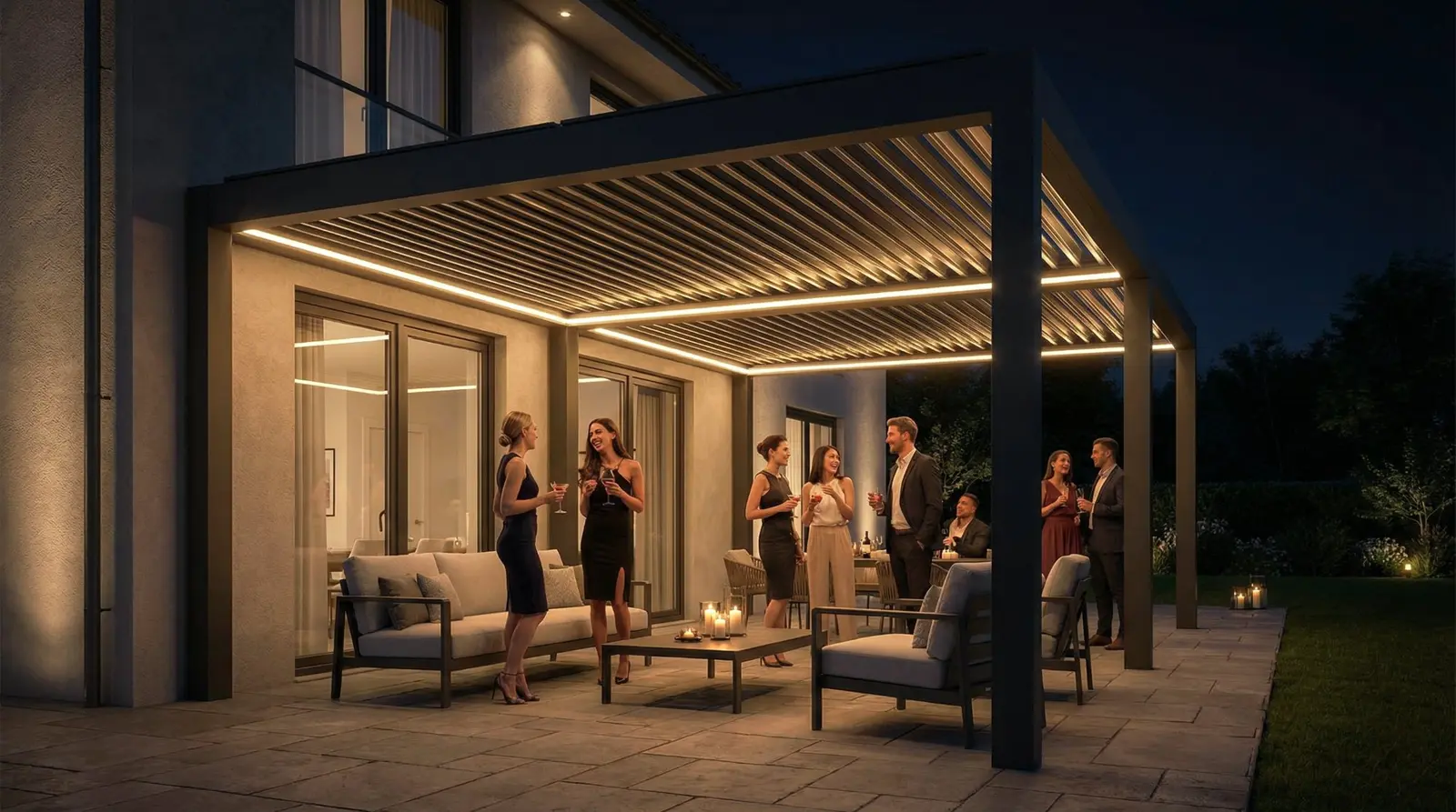 Luxa 800 aufschiebbares Lamellendach bei Nacht — elegante Cocktailparty mit integrierter LED-Beleuchtung entlang der Lamellen