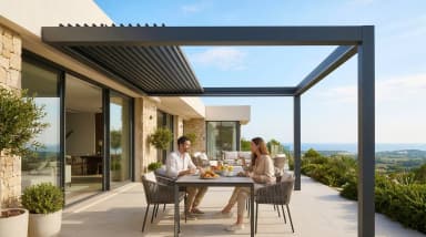 Luxa 800 aufschiebbares Lamellendach — Paar beim Frühstück auf mediterraner Terrasse mit gekippten Lamellen und Meerblick