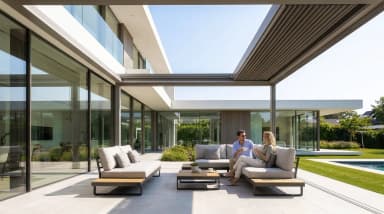 Aufschiebbares Lamellendach Luxa 800 — offener Himmel, Paar auf moderner Terrasse am Pool neben Glasvilla
