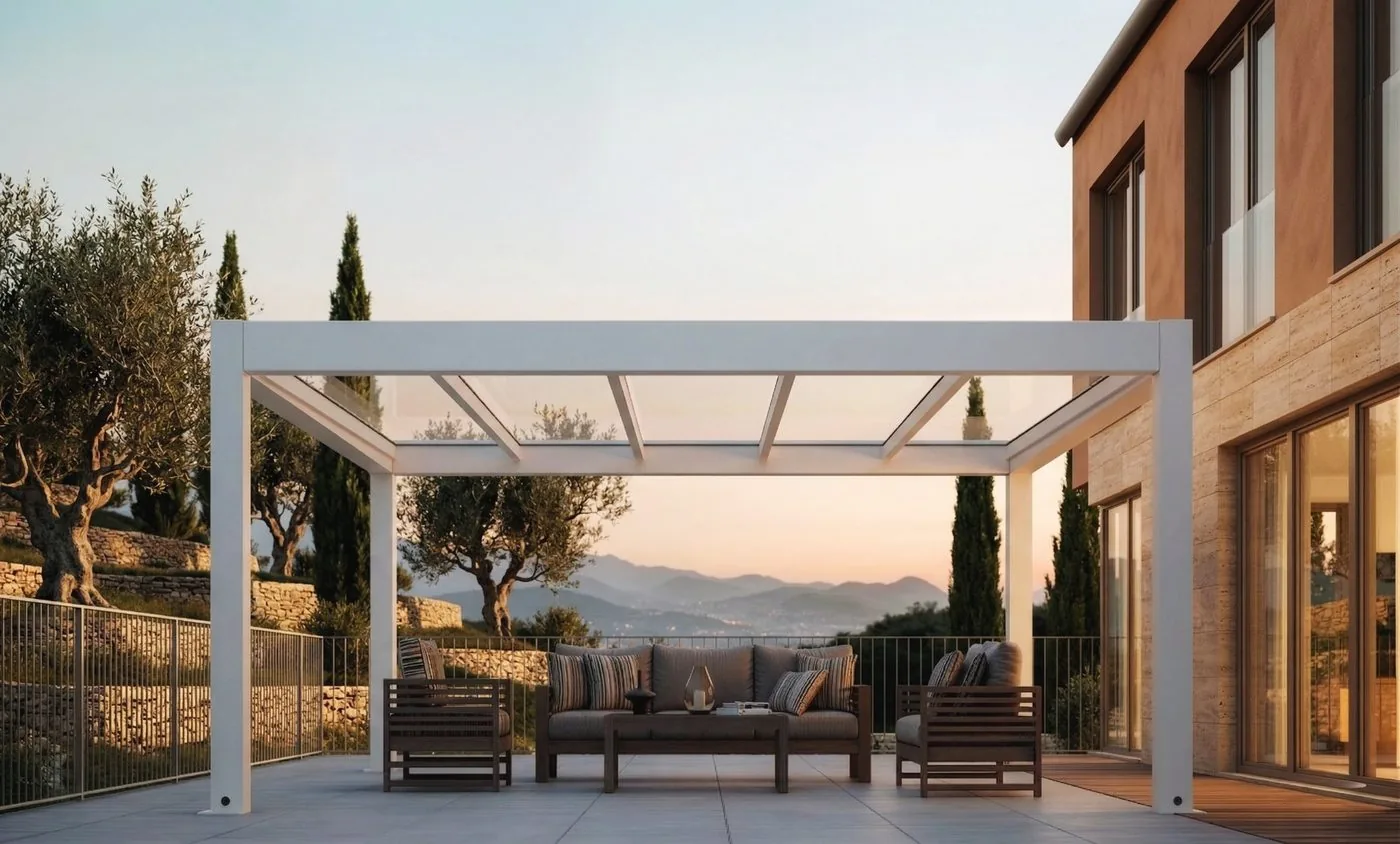 Luxa WG Cube freistehende weiße Veranda auf einer mediterranen Terrasse mit Bergblick