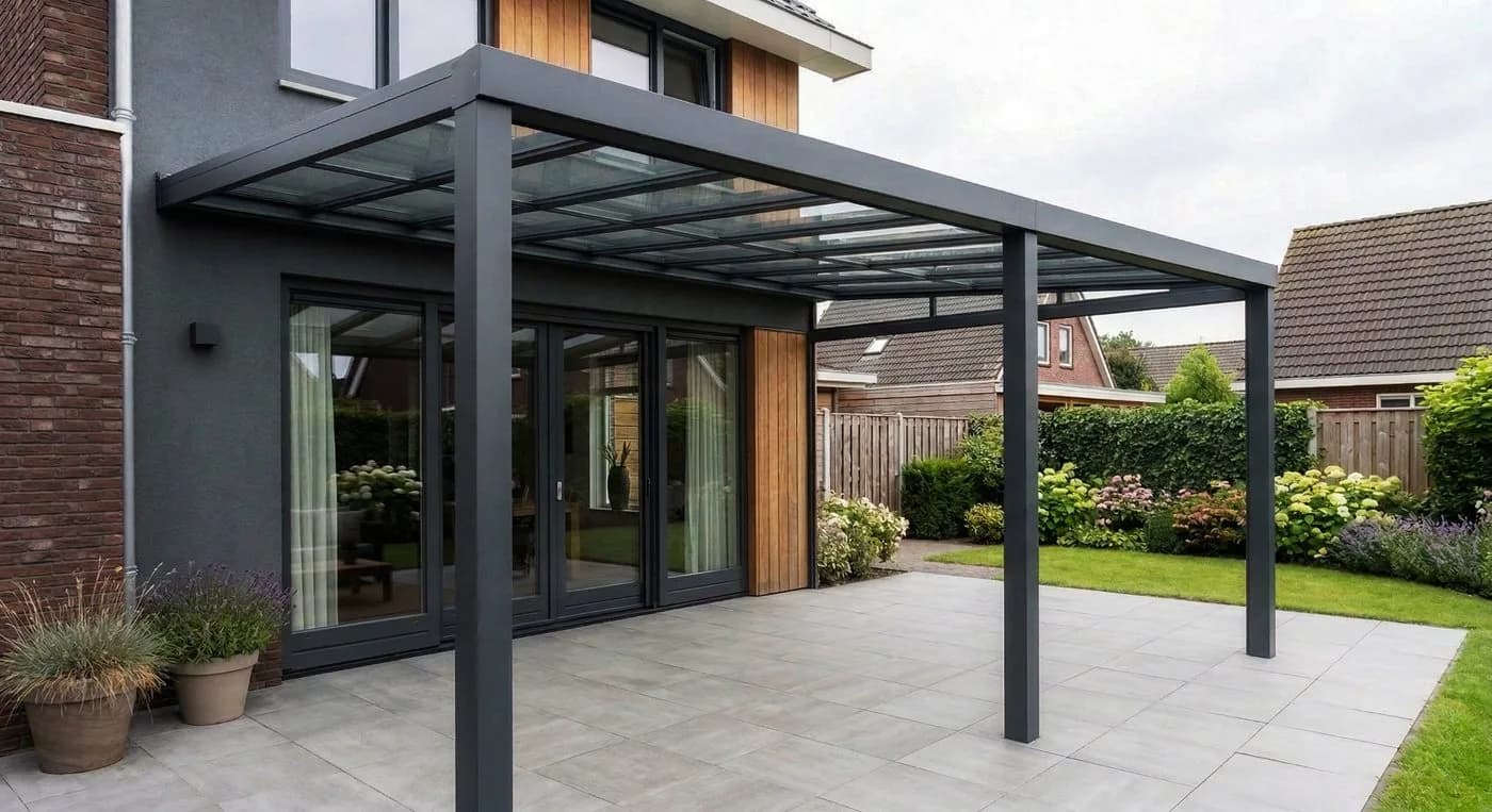 Luxa WG Flachverandasystem mit Glasdach an einem modernen niederländischen Haus