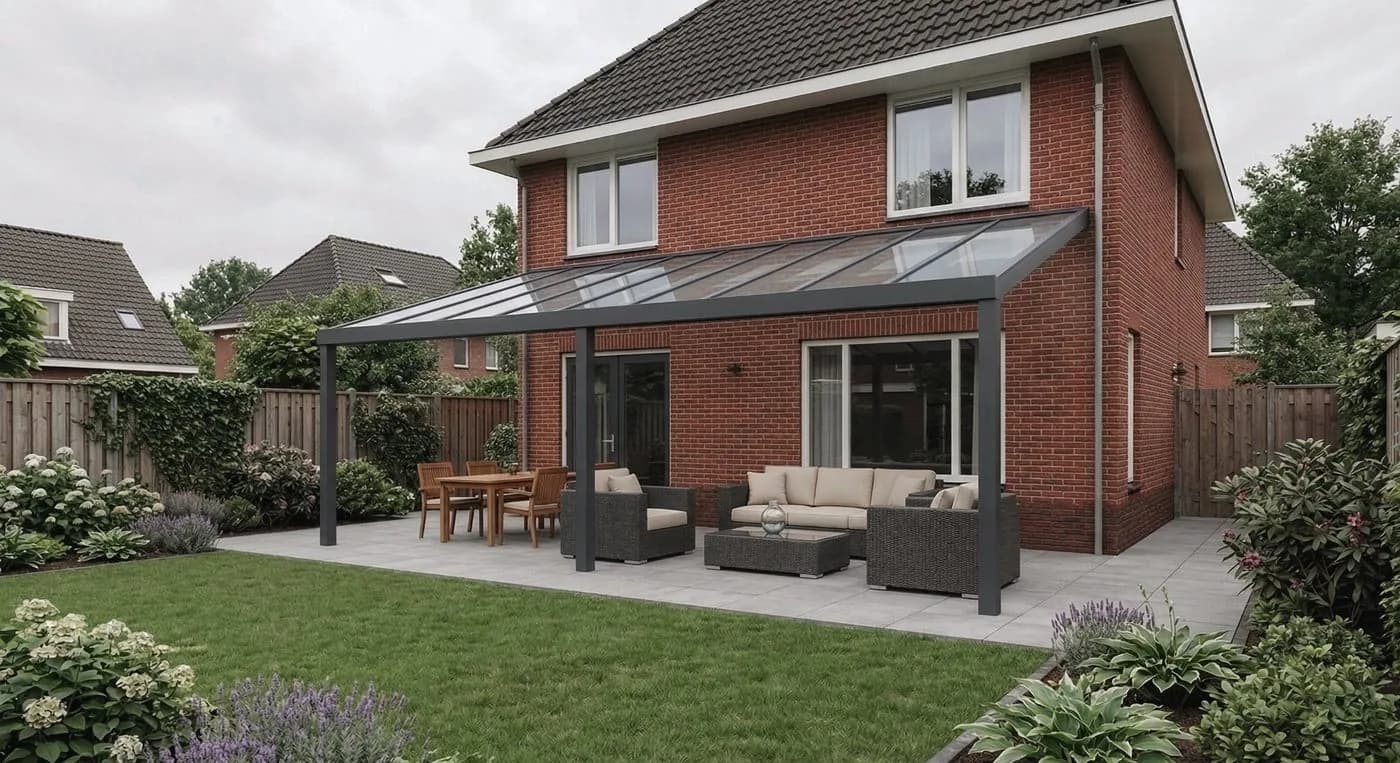 Luxa WG Flachdach-Veranda mit Glasplatten über einem großen Außenwohn- und Essbereich