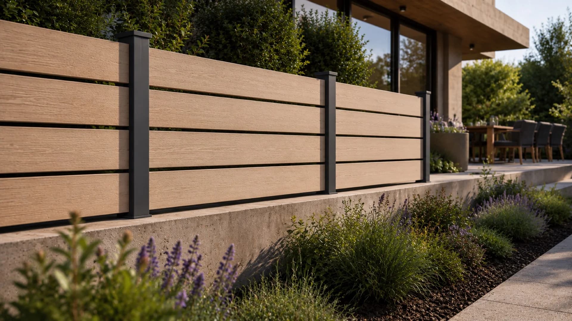 VisioMod Bosco WPC-Zaun in Eiche auf einer niedrigen Stützmauer mit anthraziten Modulo-Pfosten, Lavendel- und Kräuterstreifen vor zeitgenössischem Wohnhaus