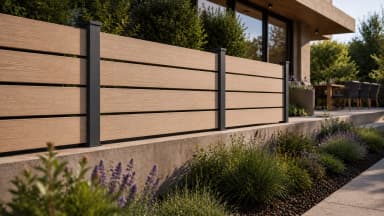 VisioMod Bosco WPC-Zaun in Eiche auf einer niedrigen Stützmauer mit anthraziten Modulo-Pfosten, Lavendel- und Kräuterstreifen vor zeitgenössischem Wohnhaus