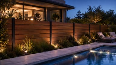 VisioMod Bosco WPC-Zaun in Nussbaum am Pool am Abend, dezente Gartenbeleuchtung und sanft erleuchtetes Villeninterieur im Hintergrund