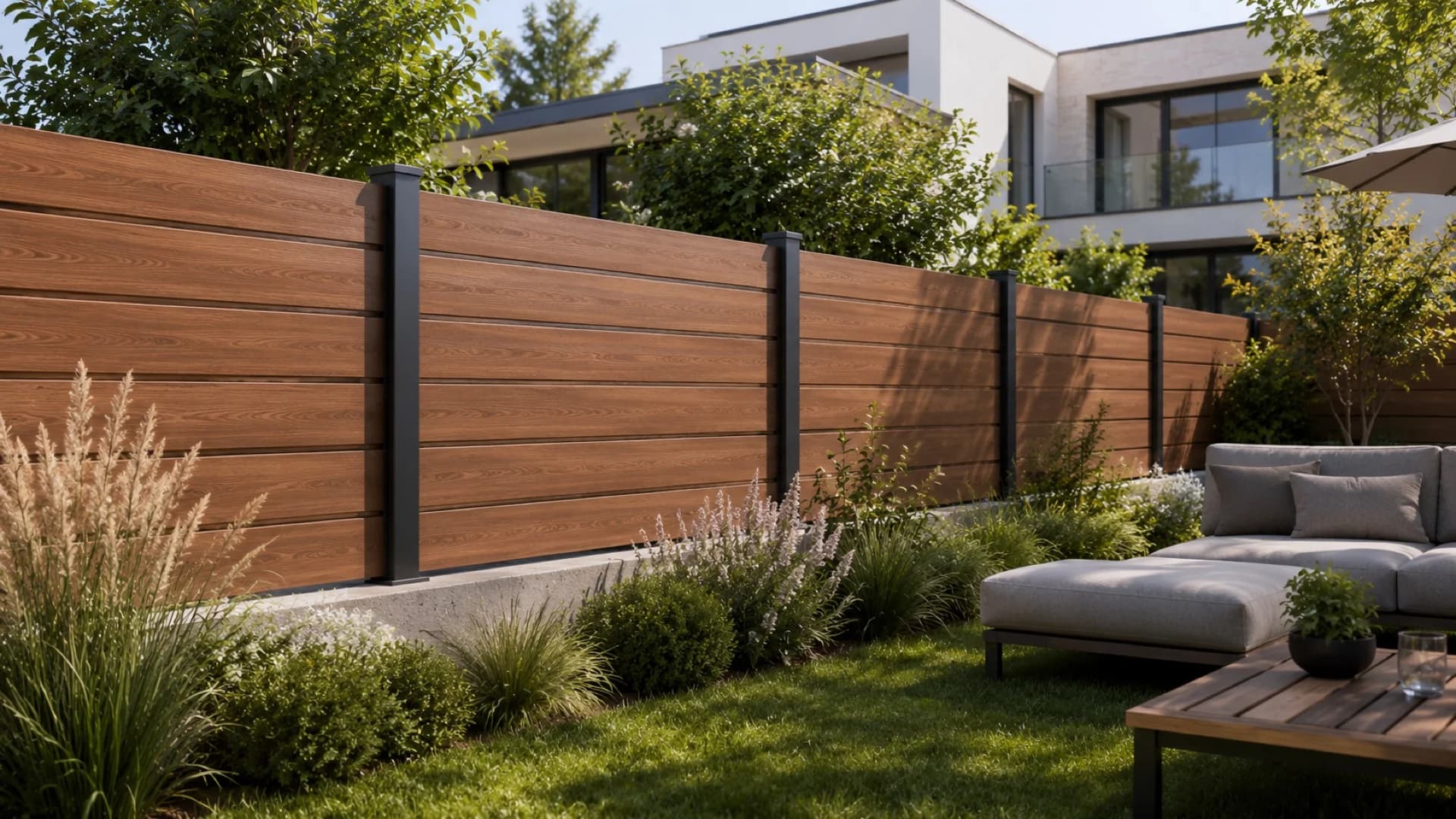 VisioMod Bosco WPC-Zaun in Nussbaum mit anthrazitfarbenen Aluminiumpfosten an der Wohngartenabgrenzung, im Hintergrund moderne Villa bei Tageslicht