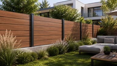 VisioMod Bosco WPC-Zaun in Nussbaum mit anthrazitfarbenen Aluminiumpfosten an der Wohngartenabgrenzung, im Hintergrund moderne Villa bei Tageslicht