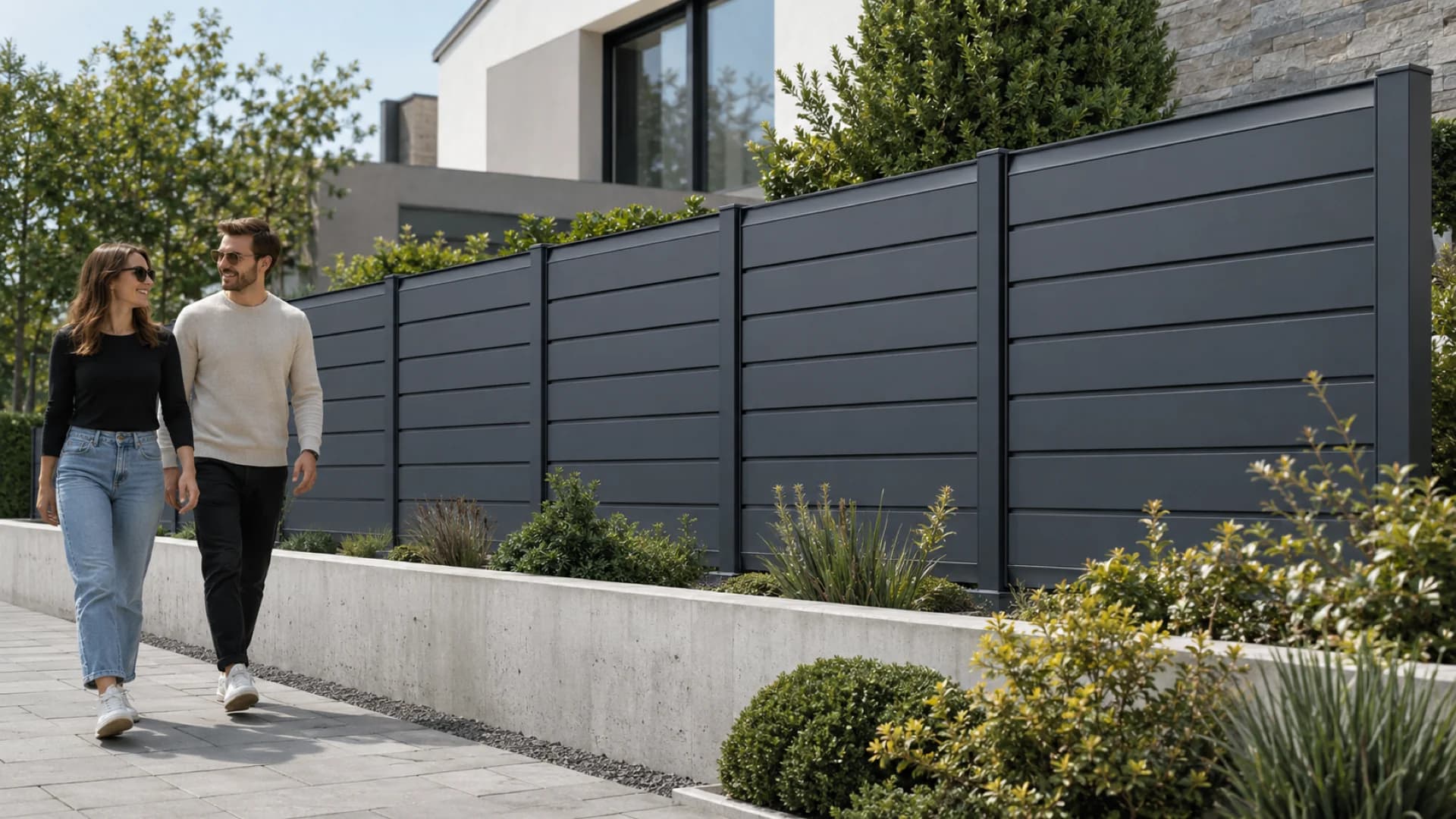 VisioMod Modulo 60×60 mm Pfostensystem an Wohneinfahrt am Abend — anthrazitfarbene Linienpfostenreihe mit Endpfosten am Torpfeiler, Wind-Niedrigklasse-Konfiguration