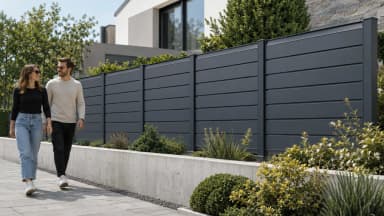 VisioMod Modulo 60×60 mm Pfostensystem an Wohneinfahrt am Abend — anthrazitfarbene Linienpfostenreihe mit Endpfosten am Torpfeiler, Wind-Niedrigklasse-Konfiguration