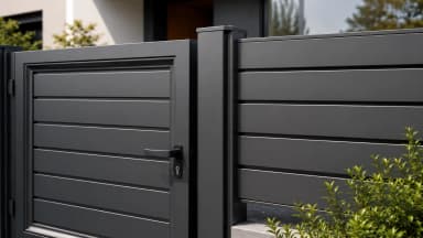 VisioMod Modulo 60×60 mm Pfostensystem am Fußgängertor-Eingang — Wandpfosten anschließend an Mauerpfeiler mit M12-Wandanker bündig