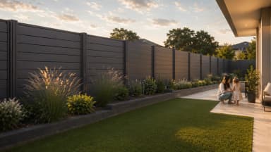 VisioMod Modulo 60×60 mm Pfosten in verkehrsweißem RAL an Familienvilla — Linien- und Endpfosten in 1,0 kN/m² Wohnklasse, M12 chemischer Anker auf Bodenplatte