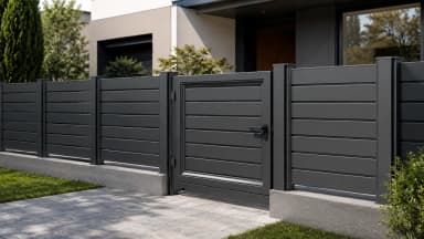 VisioMod Modulo 60×60 mm Pfostensystem im kompakten Wohnkontext — modernistische Villa-Straßenbegrenzung mit verdeckten Pfosten und sauberem Linienpfosten-Rhythmus
