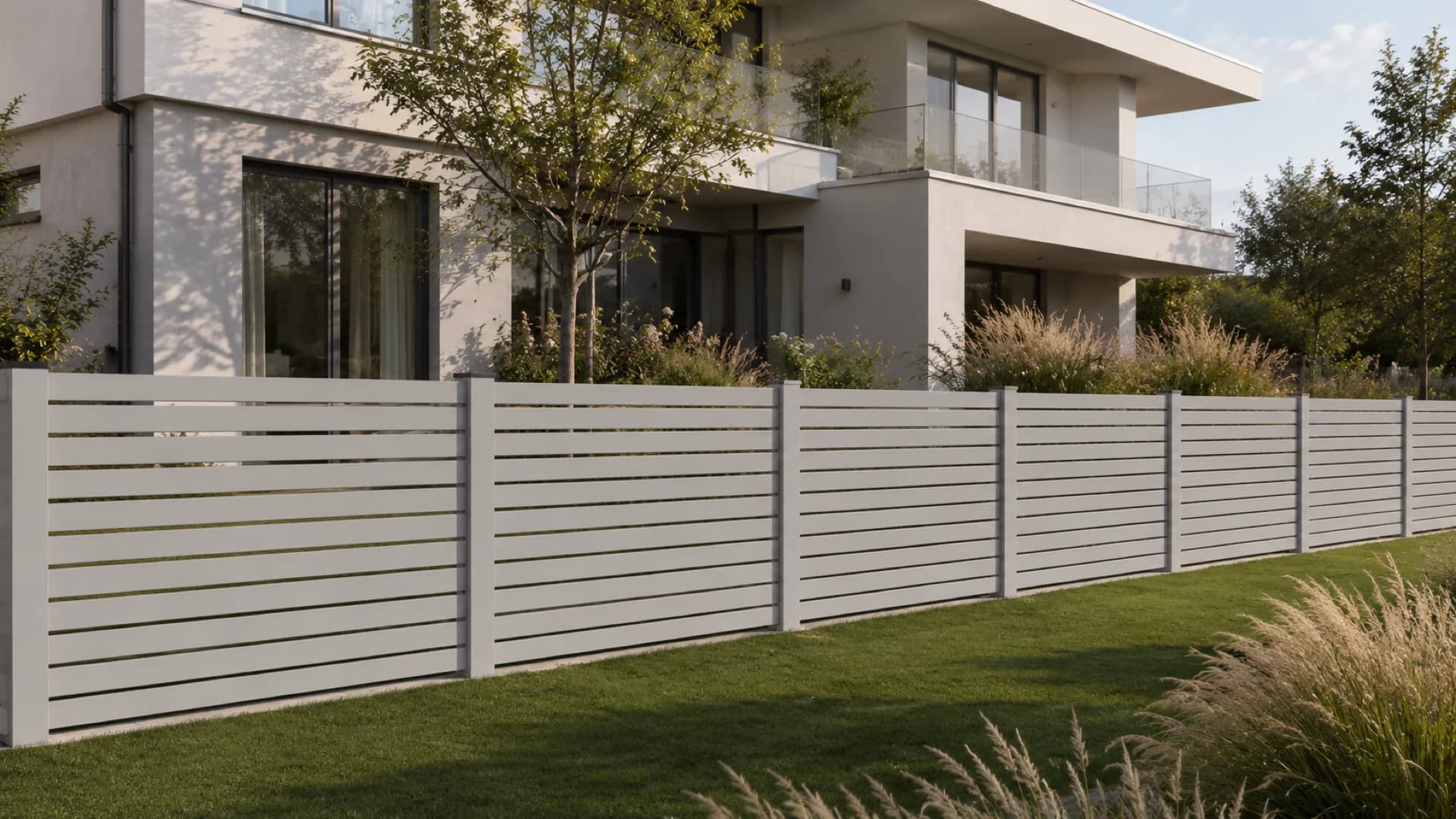 VisioMod Lineo lysegråt aluminiumlamelhegn ved moderne villa med rammeløs glasbalustrade-balkon, engplantning med Pampas- og Stipa-græsser, overskyet arkitekturdagslys