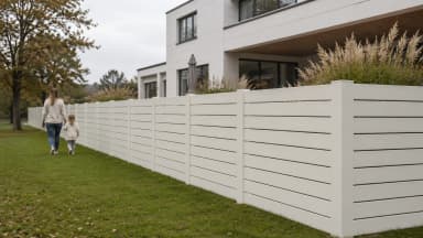 VisioMod Lineo vandret aluminiumlamelhegn i RAL 9016 trafikhvid, modernistisk hvid villas grundgrænse, mor og barn på efterårsplænen, 1800 mm højde med skjulte stolper