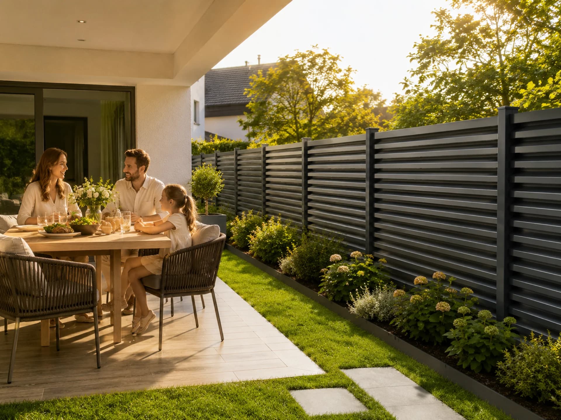VisioMod Lineo 140 mm bred flad fyldning ved moderne beboelsesgrænse, antracit RAL 7016, lamel læses som en enkelt arkitektonisk overflade fra enhver afstand