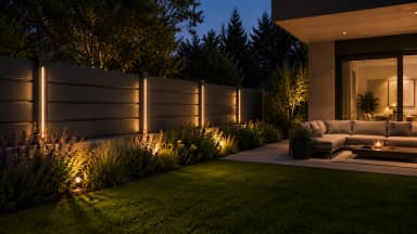 VisioMod Lumina LED de chapeau de poteau avec rythme pointillé — spots LED ponctuant le sommet de chaque poteau Modulo, limite de domaine au crépuscule avec ligne pointillée
