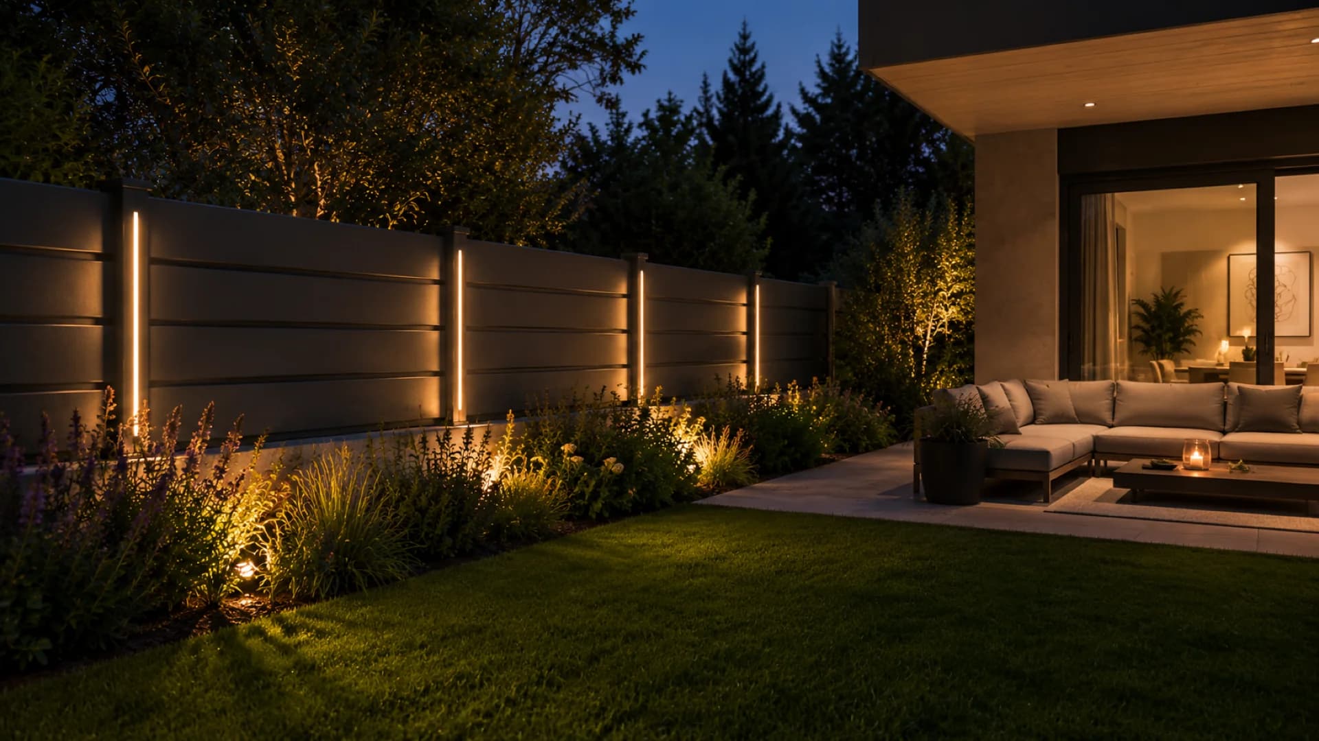 VisioMod Lumina LED de chapeau de poteau avec rythme pointillé — spots LED ponctuant le sommet de chaque poteau Modulo, limite de domaine au crépuscule avec ligne pointillée