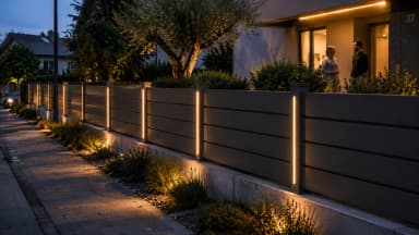 VisioMod Lumina rétroéclairage continu au crépuscule — remplissage perforé Sereno derrière panneau arrière lumineux, clôture se lisant comme une lanterne au pilier de portail
