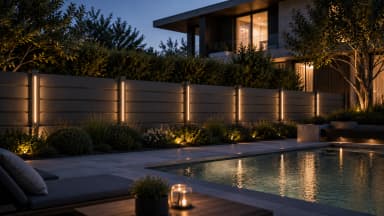 VisioMod Lumina à limite de villa moderne la nuit — programme d'éclairage architectural complet intégrant Lineo, Cristallo et Modulo Light dans une installation smart-home native