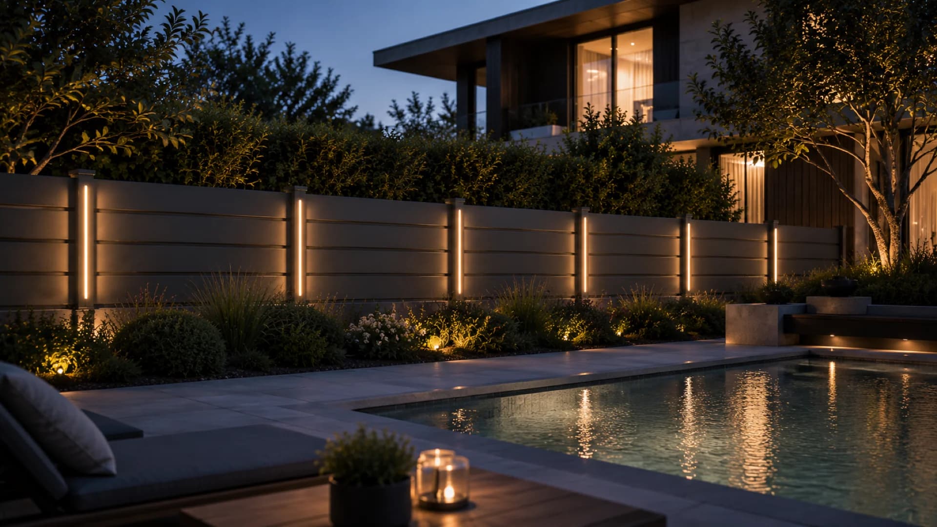 VisioMod Lumina à limite de villa moderne la nuit — programme d'éclairage architectural complet intégrant Lineo, Cristallo et Modulo Light dans une installation smart-home native