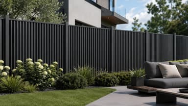 VisioMod Verto vertikaler Aluminium-Lattenzaun in anthrazit RAL, modernistische weiße Villa-Begrenzung mit hochlaufenden vertikalen Pfosten, zeitgenössischer Wohngarten bei Tageslicht