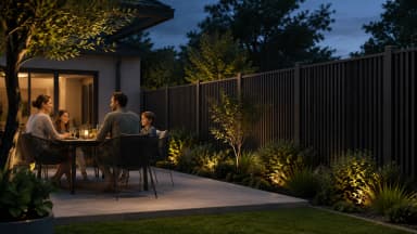 VisioMod Verto vertikaler Lattenzaun in anthrazit am Wohngarten, 50 mm Edge-Latten auf 1800 mm Höhe, gepflegter Rasen und Zierpflanzung im goldenen Licht