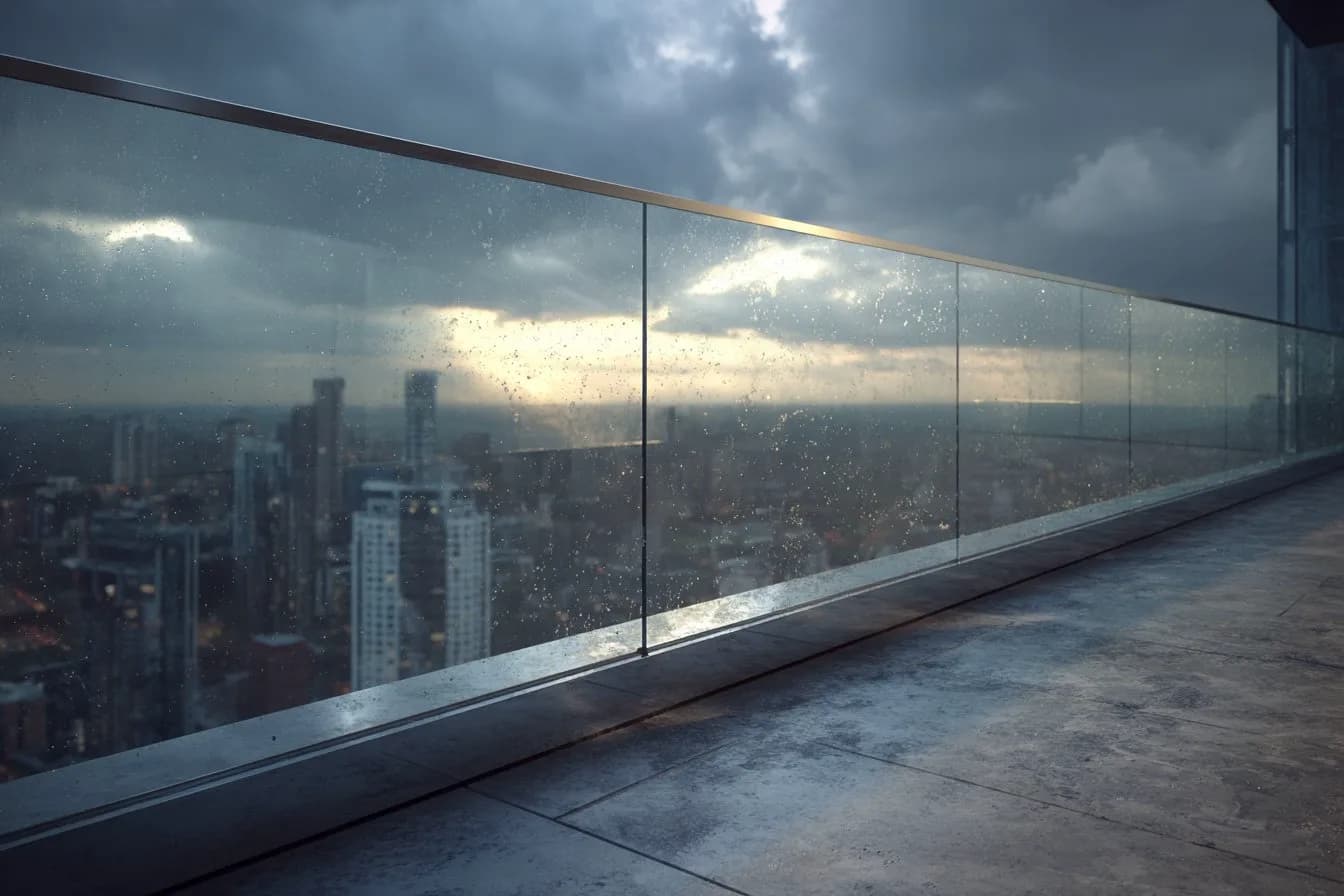 FS 7000 rahmenloses Glasgeländer am Wolkenkratzer bei dramatischem Regen — Stadtlichter durch VSG-Glas