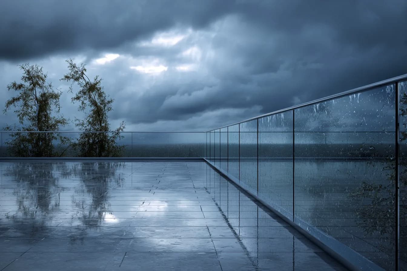 FS 7000 rahmenloses Glasgeländer auf sturmgepeitschter Dachterrasse — regennasse Scheiben bei starker Windlast