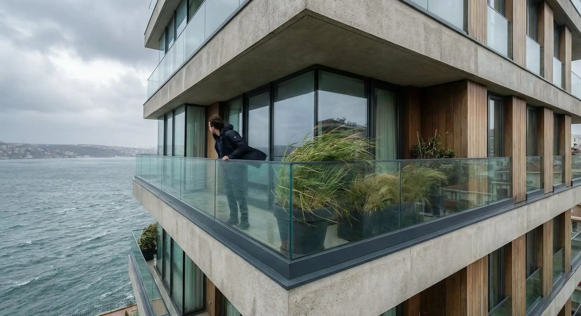 FS 7000 rahmenloses Glasgeländer an Ufer-Wohnung — Person lehnt an Glasbrüstung mit Bosporus-Blick