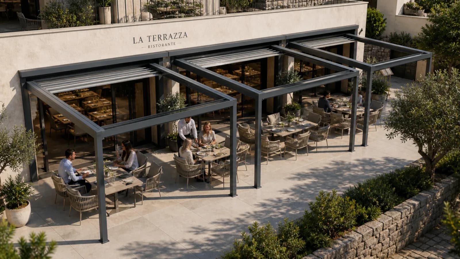 Pergola til hotelterrasse: planlægning for kommercielle udeområder