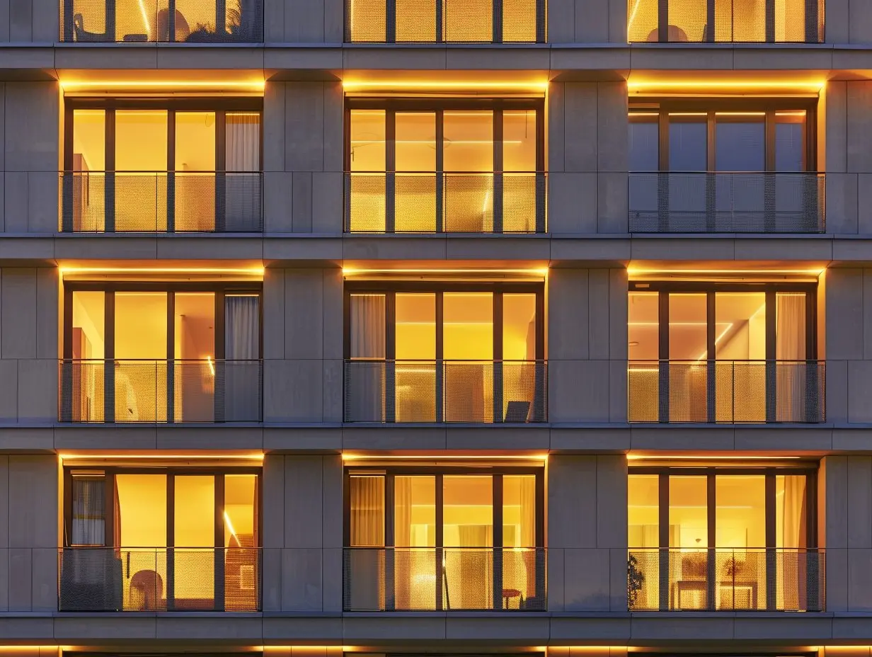 PONARC partner reference project — illuminated aluminium facade at night with integrated glass railings