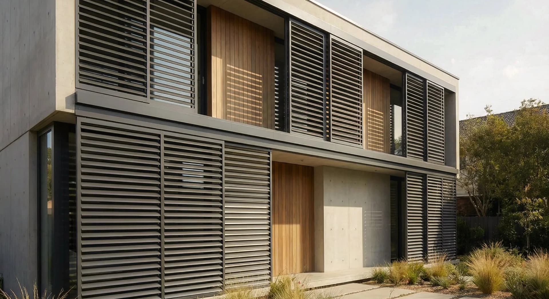PONARC technical hub hero — engineered sliding brise-soleil aluminium panel system, EN 1991 wind-load certified
