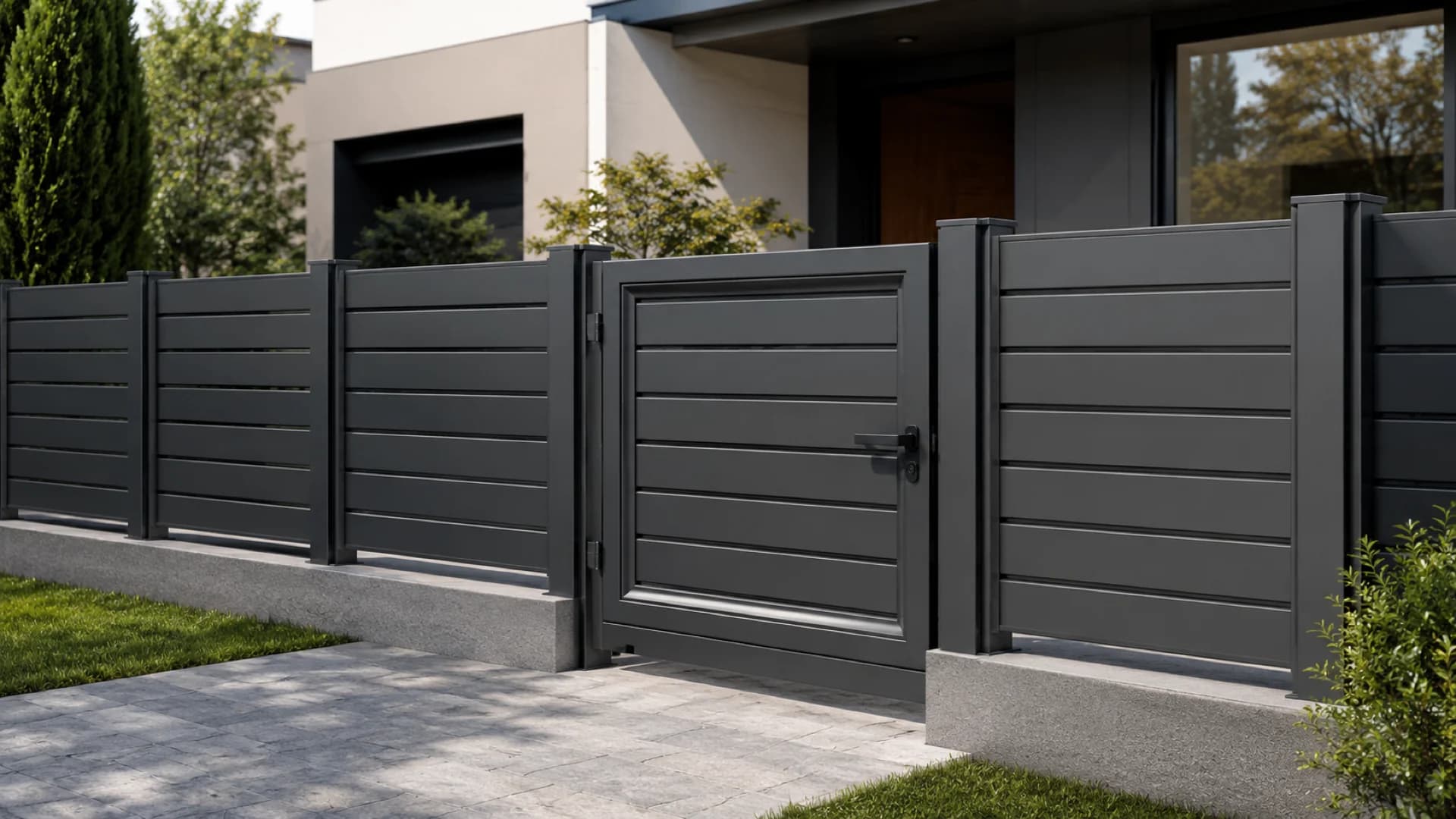 VisioMod Modulo 60×60 mm stolpsystem i kompakt bostadssammanhang — modernistisk villagräns mot gata med dolda stolpar och ren linjestolpe-rytm