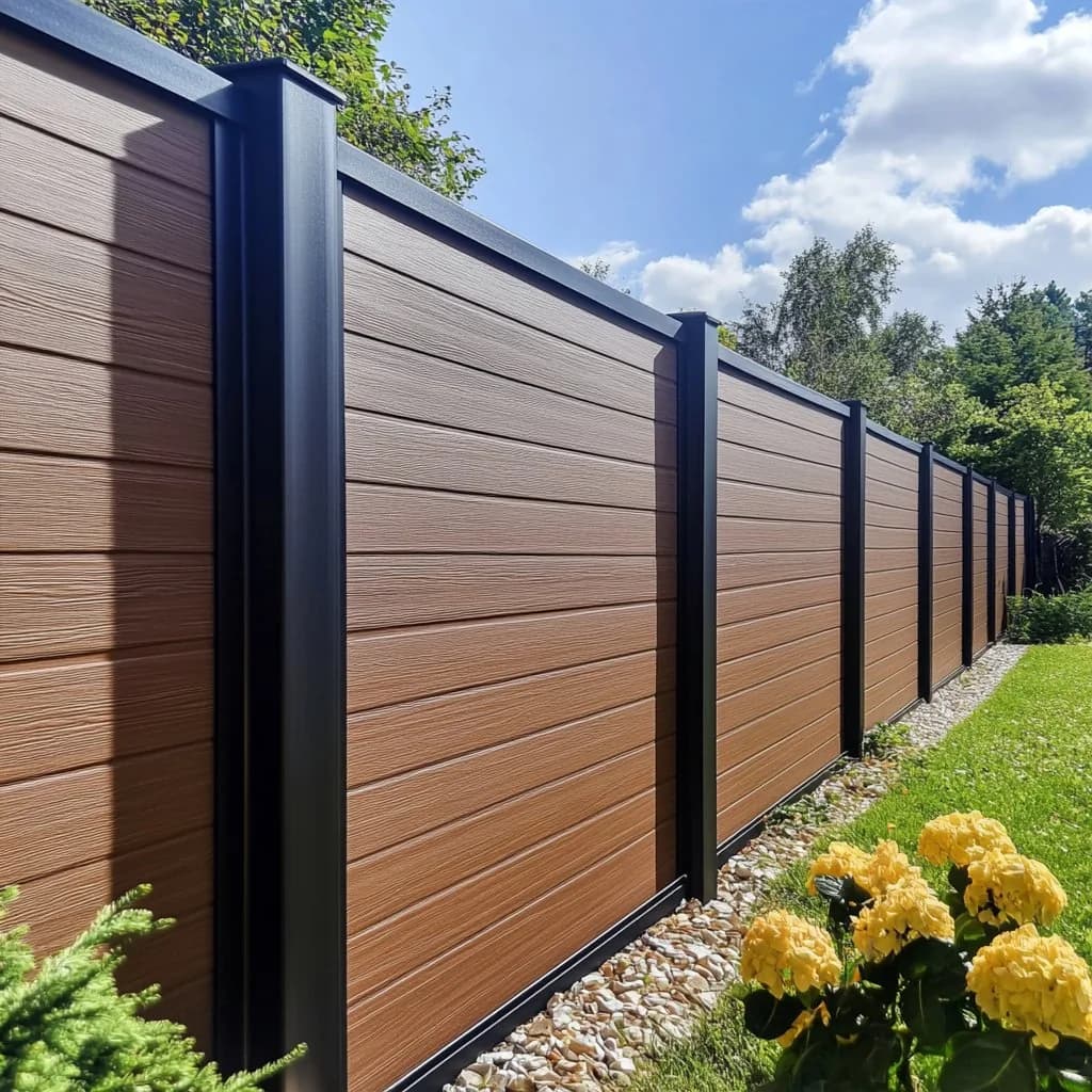 VisioMod Bosco — recinzione frangivista ibrida WPC e alluminio con doghe WPC 60% legno / 30% HDPE / 10% additivi in finitura noce, telaio 6063-T5 in RAL 7016, lungo il confine di una villa moderna nell'ora dorata