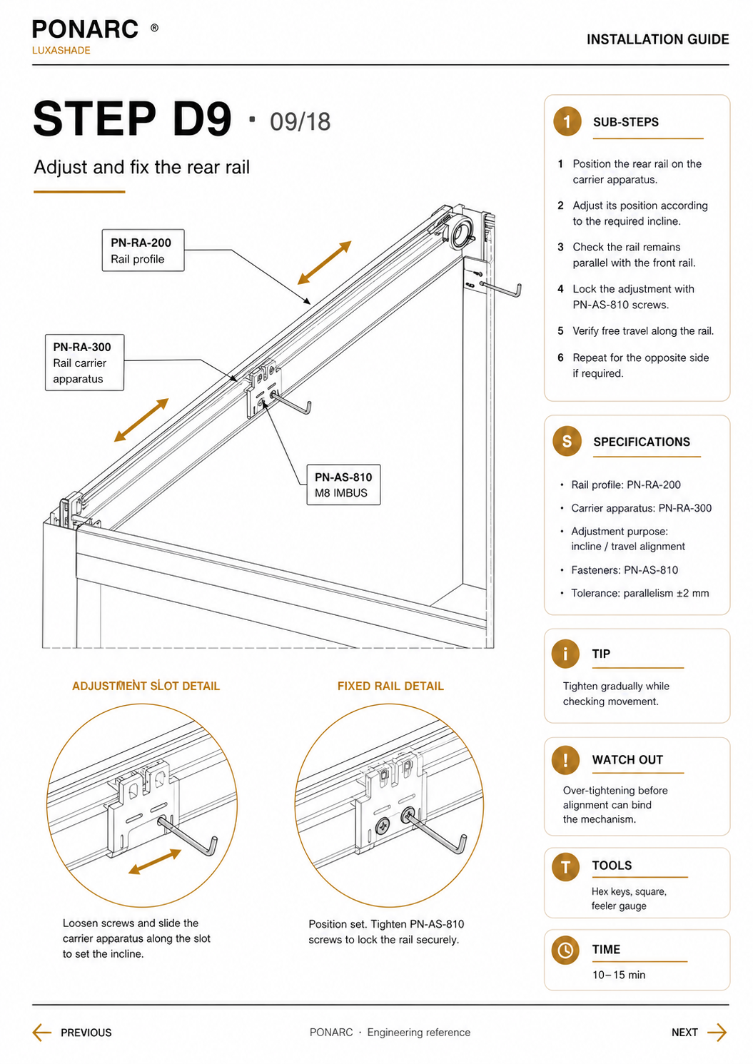 Adjust and fix the rear rail — illustration