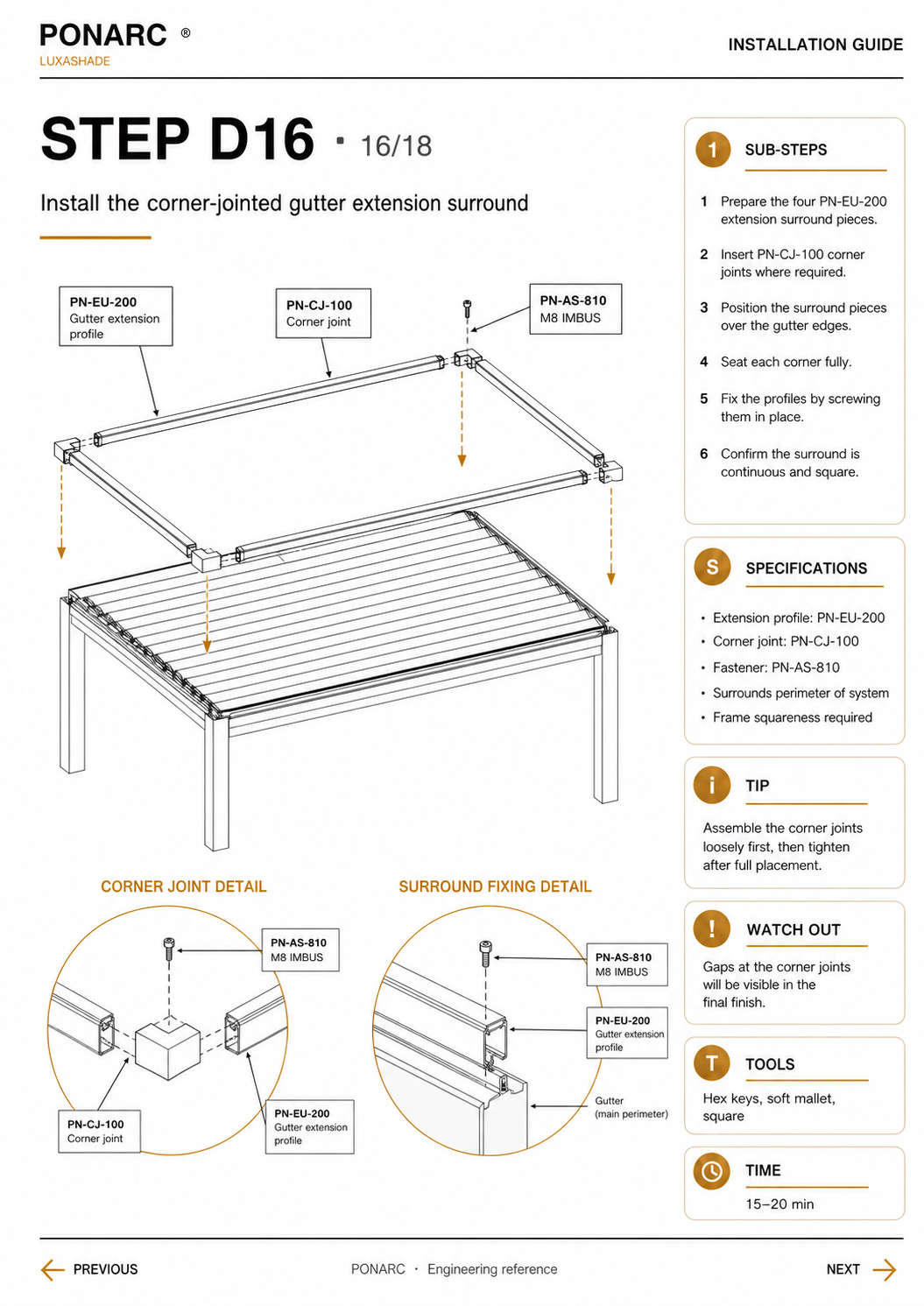 Install the corner-jointed gutter extension surround — illustration